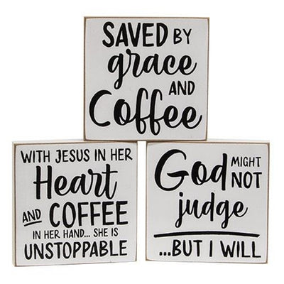 Set of 3 Saved by Grace and Coffee 4" Square Block Signs
