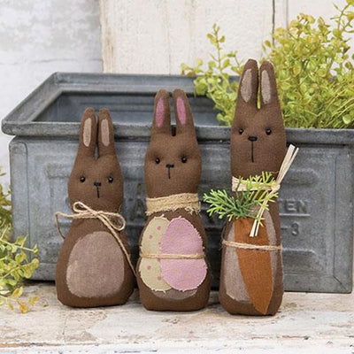 Set of 3 Primitive Chocolate Bunny Family Fabric Figures