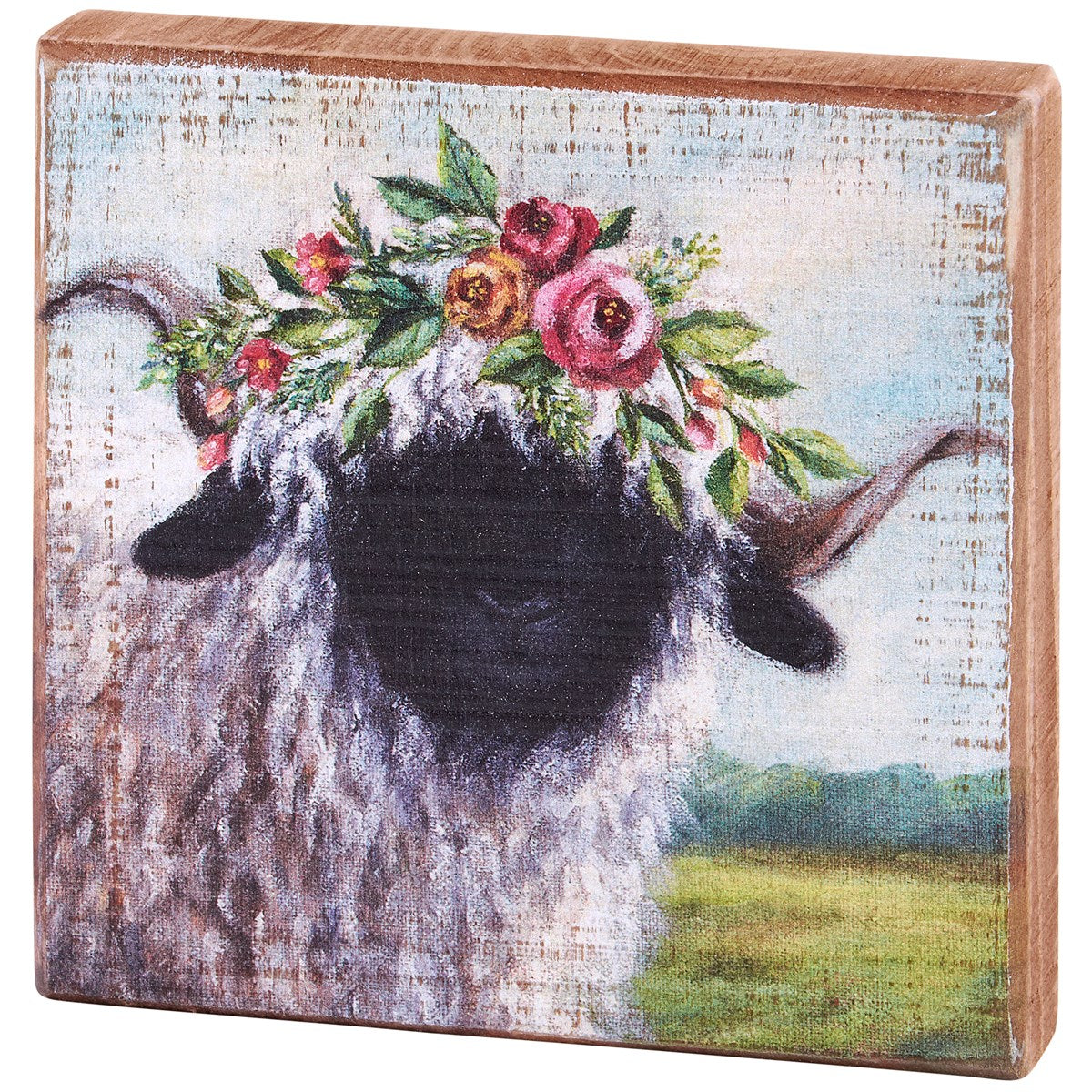 Floral Crown Sheep 6" Wooden Block Sign