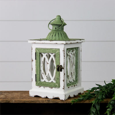 Rustic Distressed Green and White Lantern