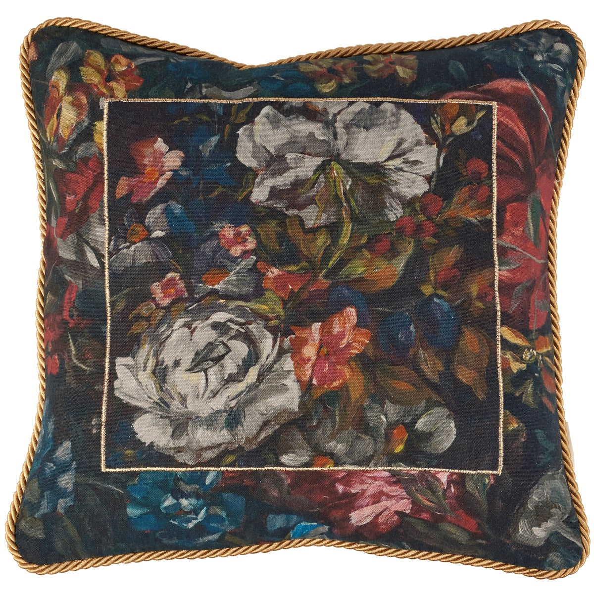 Moody Old English Florals With Velvet Gold Trim 16" Accent Pillow