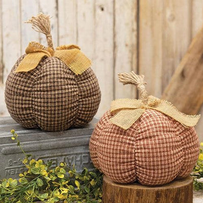 Set of 2 Large Country Plaid Fabric Pumpkin