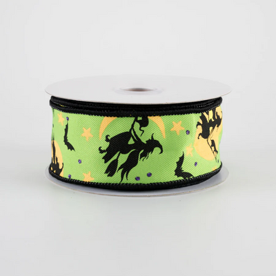 Witch Flying by Moon Lime Green Ribbon 1.5" x 10 Yards