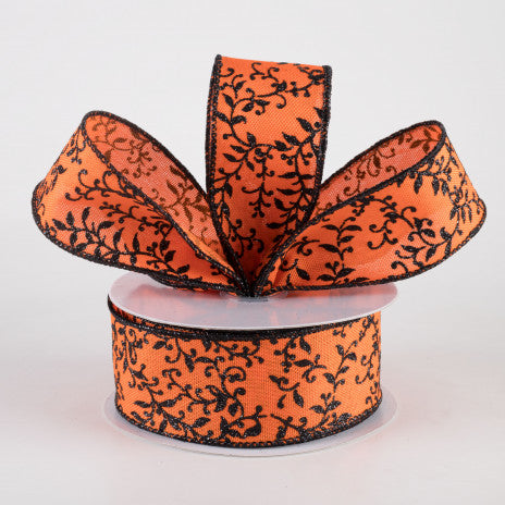 💙 Orange and Black Glitter Mini Leaf Vines Ribbon 1.5" x 10 yards