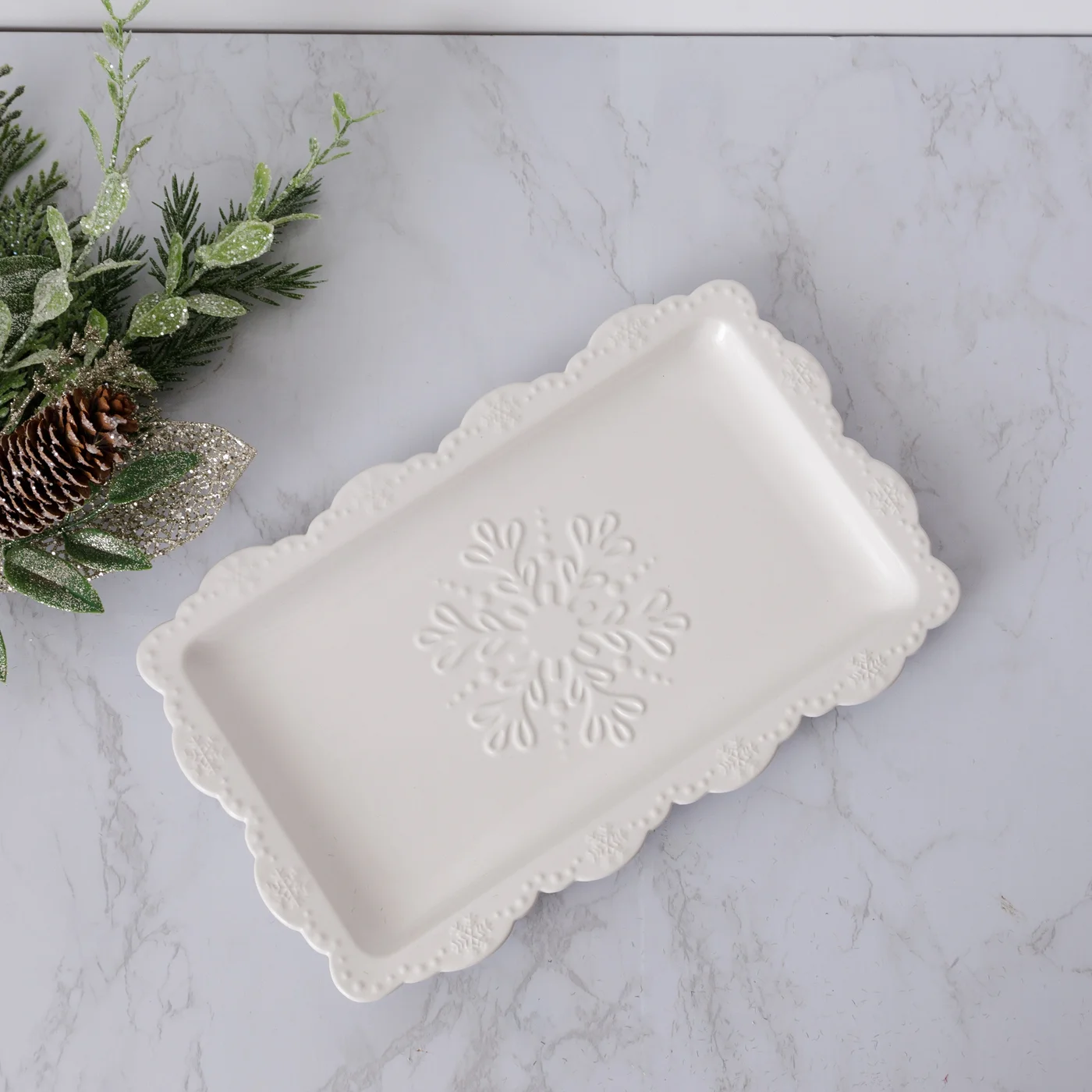 Snowflake Embossed Winter Ceramic Platter