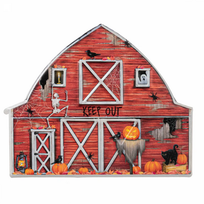 💙 Haunted Halloween Barn 12" Metal Embossed Hanger