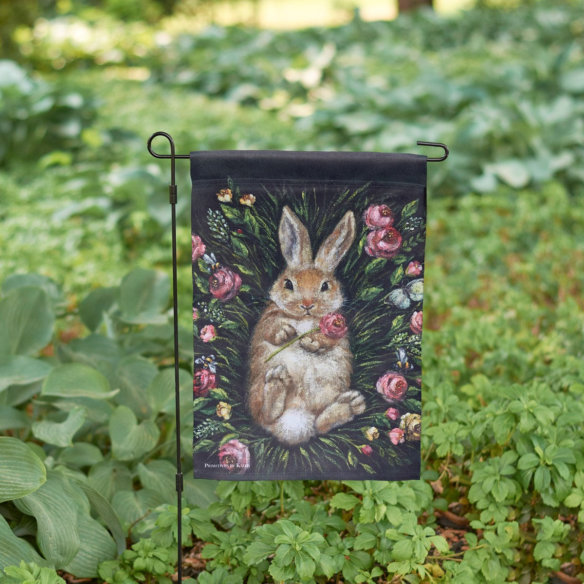 Snuggling Bunny Floral Garden Flag