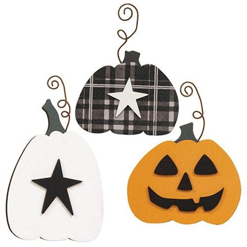 Set of 3 Wooden Pumpkin Ornaments with Curly Wire Hanger