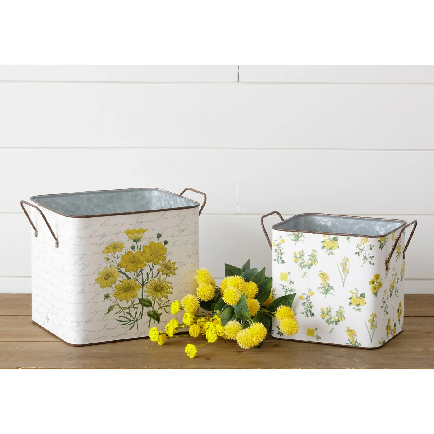 Set of 2 Yellow Flowers Design Square Tin Containers