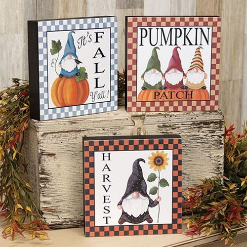 Set of 3 Fall Gnome Checkered 7.75" Box Signs