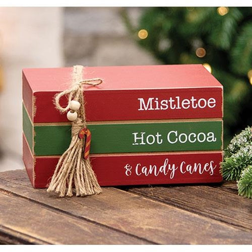 Mistletoe Hot Cocoa & Candy Canes Wooden Faux Stacked Books