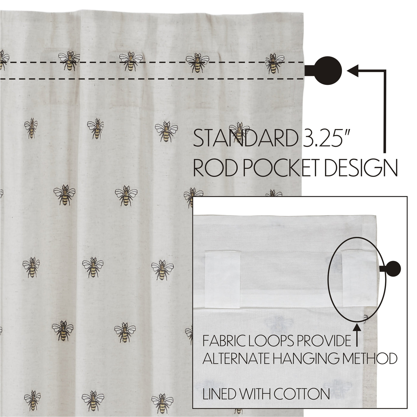 Embroidered Bee Tier Bistro Curtains Set of 2 24" x 36"