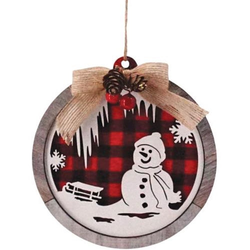 💙 Snowman Scene Red and Black Buffalo Plaid Round Ornament