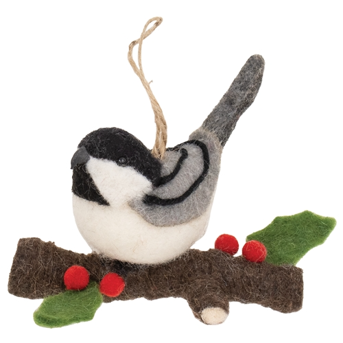 Chickadee on Branch Felt Bird Ornament
