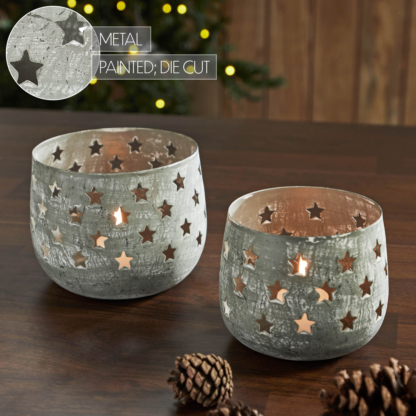 Set of 2 Starbright Distressed Gray Metal Candle Holders