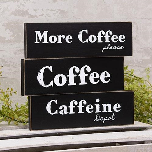 Set of 3 More Coffee Please 9.5" Black Wooden Block Signs