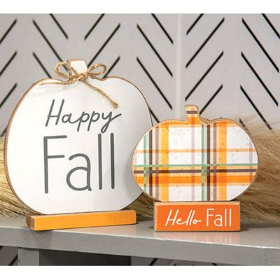 Set of 2 Hello Fall & Happy Fall Pumpkins on Base