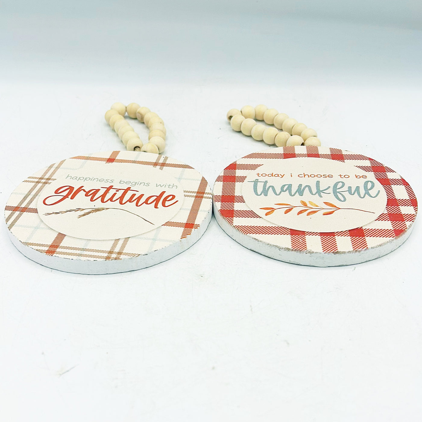 💙 Set of 2 Thankful and Gratitude Plaid Beaded Round Ornaments