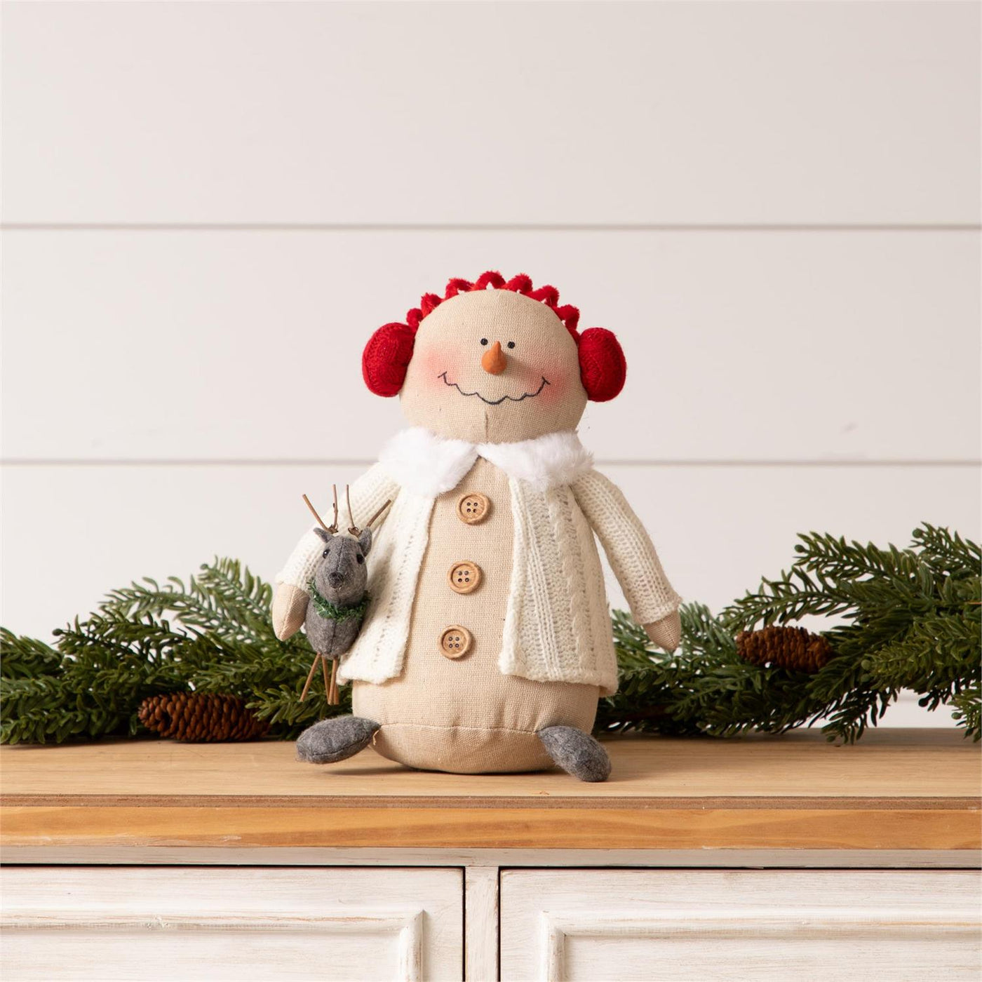 Snowman Holding Reindeer 11" Fabric Figure