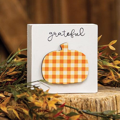 Grateful Plaid Pumpkin 4" Wooden Block Sign