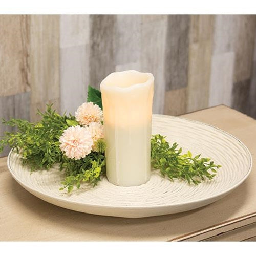 Antiqued White Carved Wood Candle Display Plate 15.5"