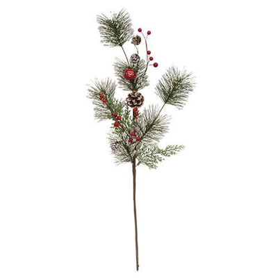 Snowy Pine with Red Bells & Berries 28" Faux Evergreen Spray