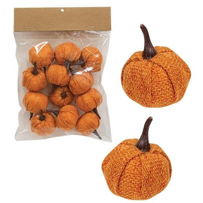 Set of 12 Orange Burlap 1.5" Decorative Pumpkins