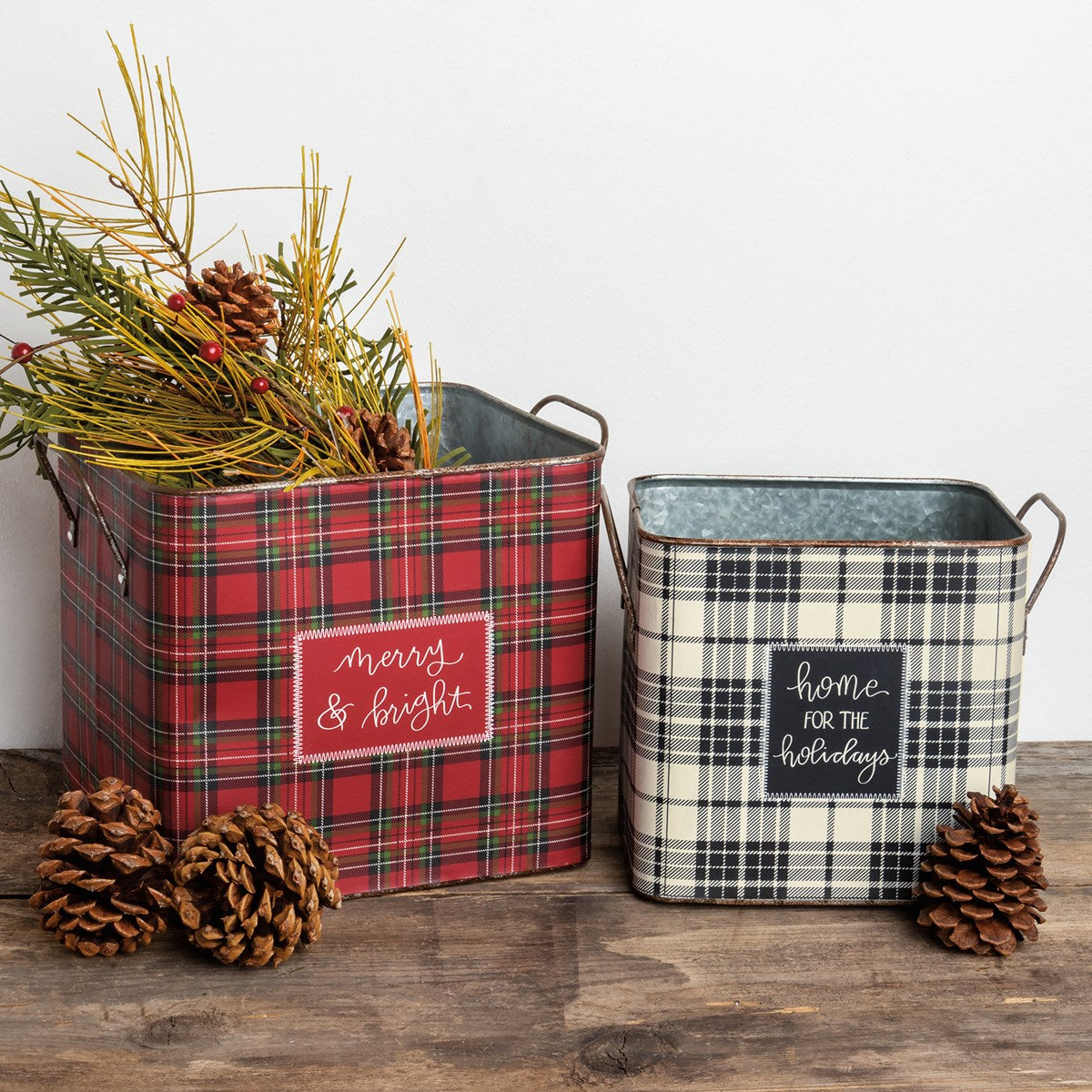 Set of 2 Home For The Holidays Plaid Metal Bin Set