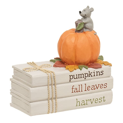 Stacked Books with Mouse on Pumpkin Small Resin Figure