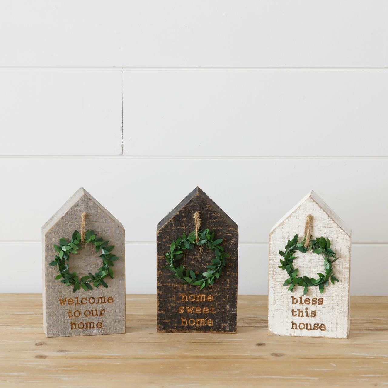 Set of 3 Home Sweet Home 7" Wooden Block House With Wreaths