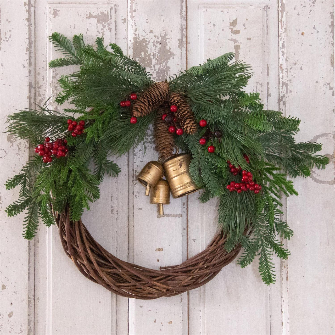 Pine and Red Berries With Brass Bells Accent 20" Faux Evergreen Wreath