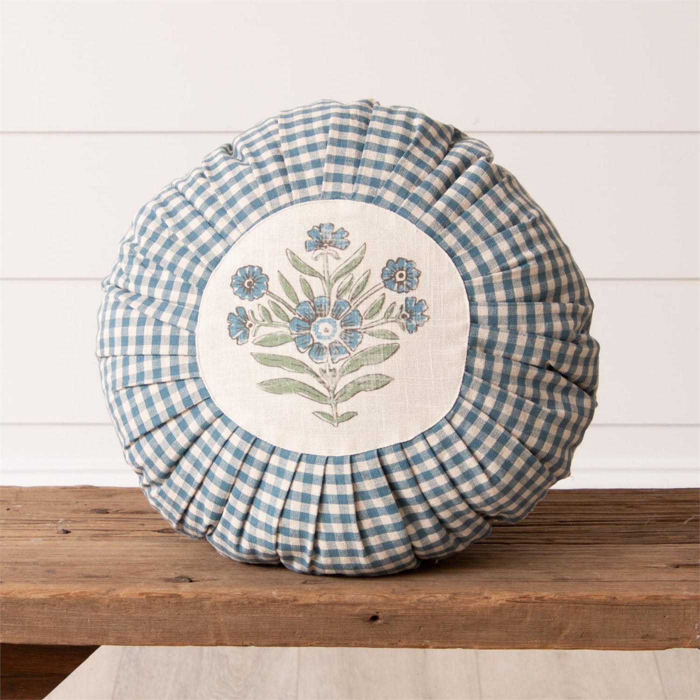 Blue Floral Block Print Round Pleated 18" Pillow