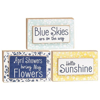 Set of 3 Blue Skies and Hello Sunshine Wooden Block Signs