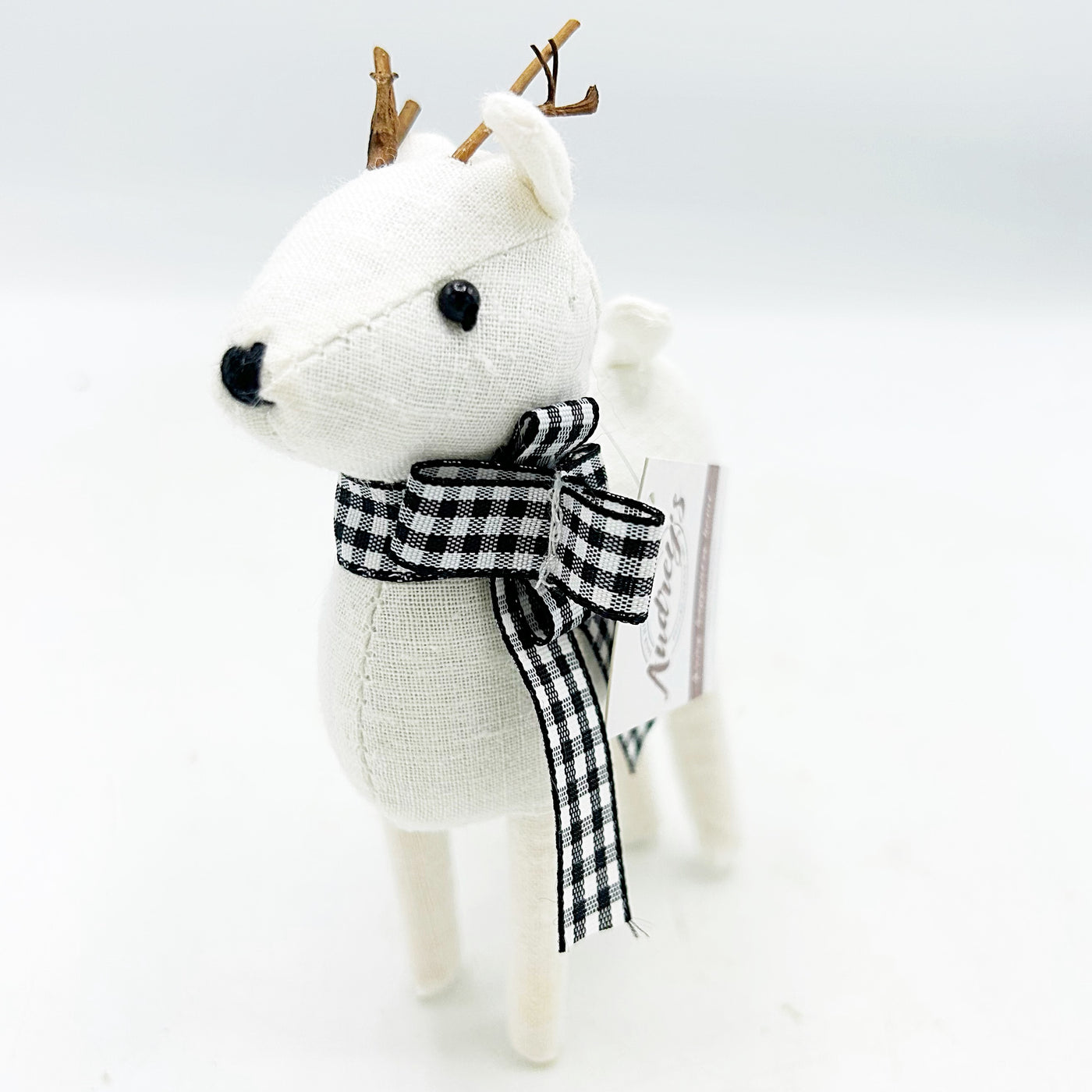 Little Deer With Christmas White and Black Plaid Scarf Fabric Figure