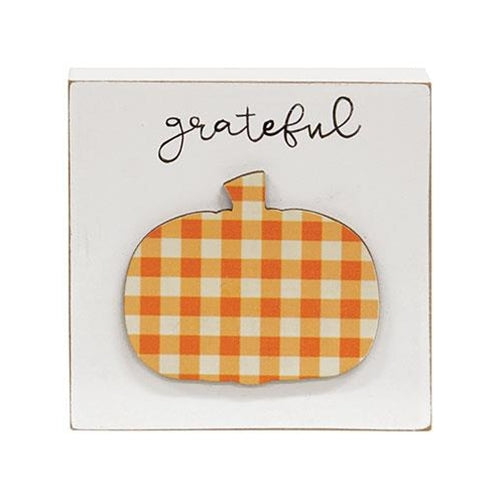 Grateful Plaid Pumpkin 4" Wooden Block Sign