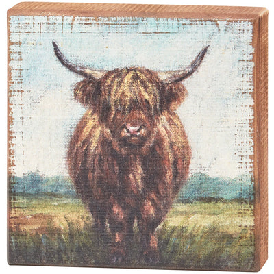 Highland Cow in Field 5" Small Wooden Block Sign