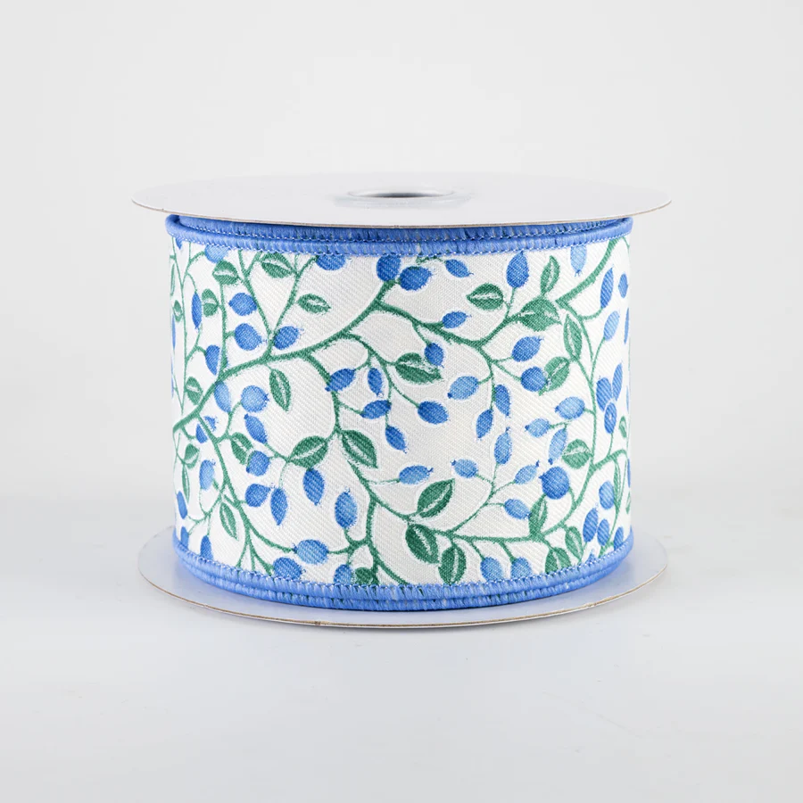 💙 Mini Blue Berries on Green Vines Ribbon 2.5" x 10 yards