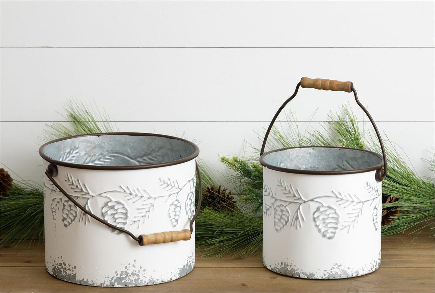 Set of 2 Pinecone Embossed Distressed Buckets