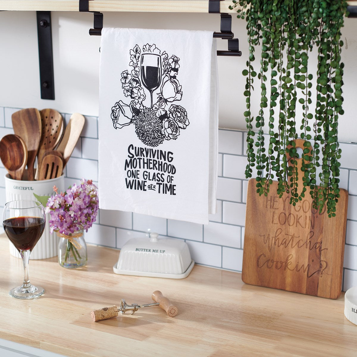 Surviving Motherhood One Glass of Wine at a Time Kitchen Towel