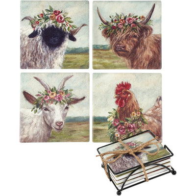 Set of 4 Floral Crown Farmhouse Animal Coaster Set