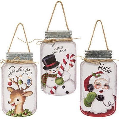 Set of 3 Retro Santa Deer Snowman Mason Jar Shaped 8" H Hangers