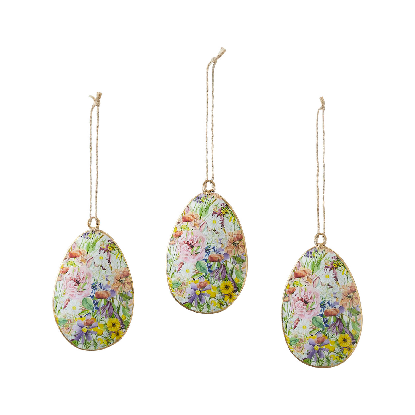 Set of 3 Spring In Bloom Metal Floral Egg Ornaments
