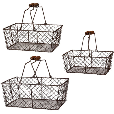 Set of 3 Farmhouse Rectangle Hinged Wire Basket Set