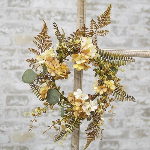 Hydrangea Ivory and Tan With Foliage 12" Small Faux Wreath