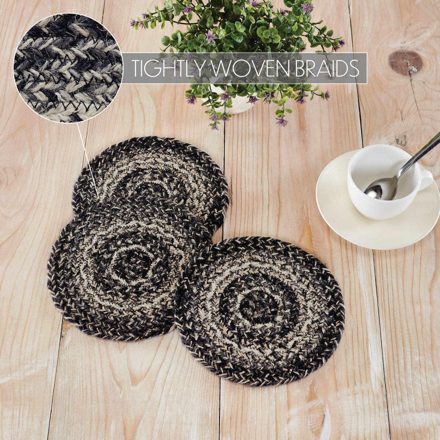 Set of 3 Sawyer Mill Black White 8" Jute Trivets