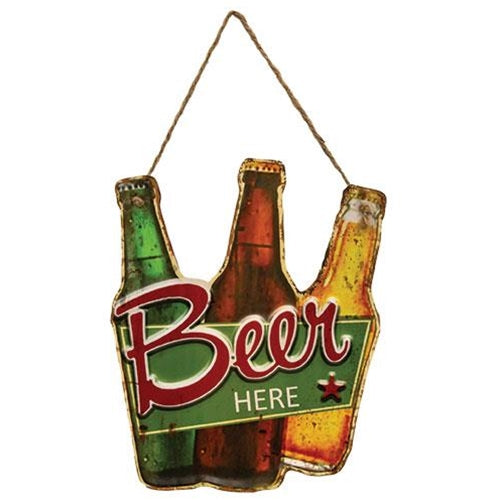 Beer Here Bottles Hanging Metal Sign