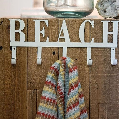 Distressed Beach Metal Wall Hook Sign