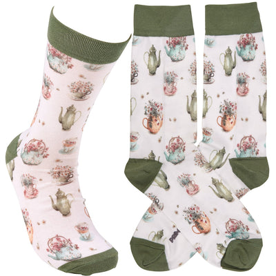 Tea Lover Teapots and Flowers Fun Novelty Socks