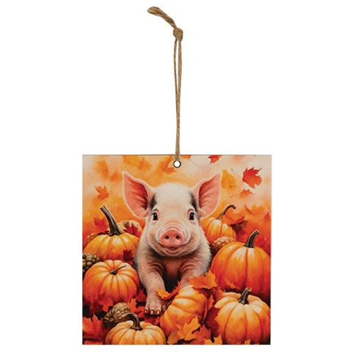 Piggy In Pumpkin Patch 4" Square Ornament