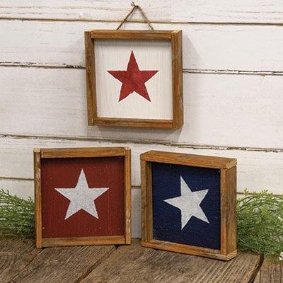 Set of 3 Rustic Wood Framed Hanging Star Block Signs 6.5"